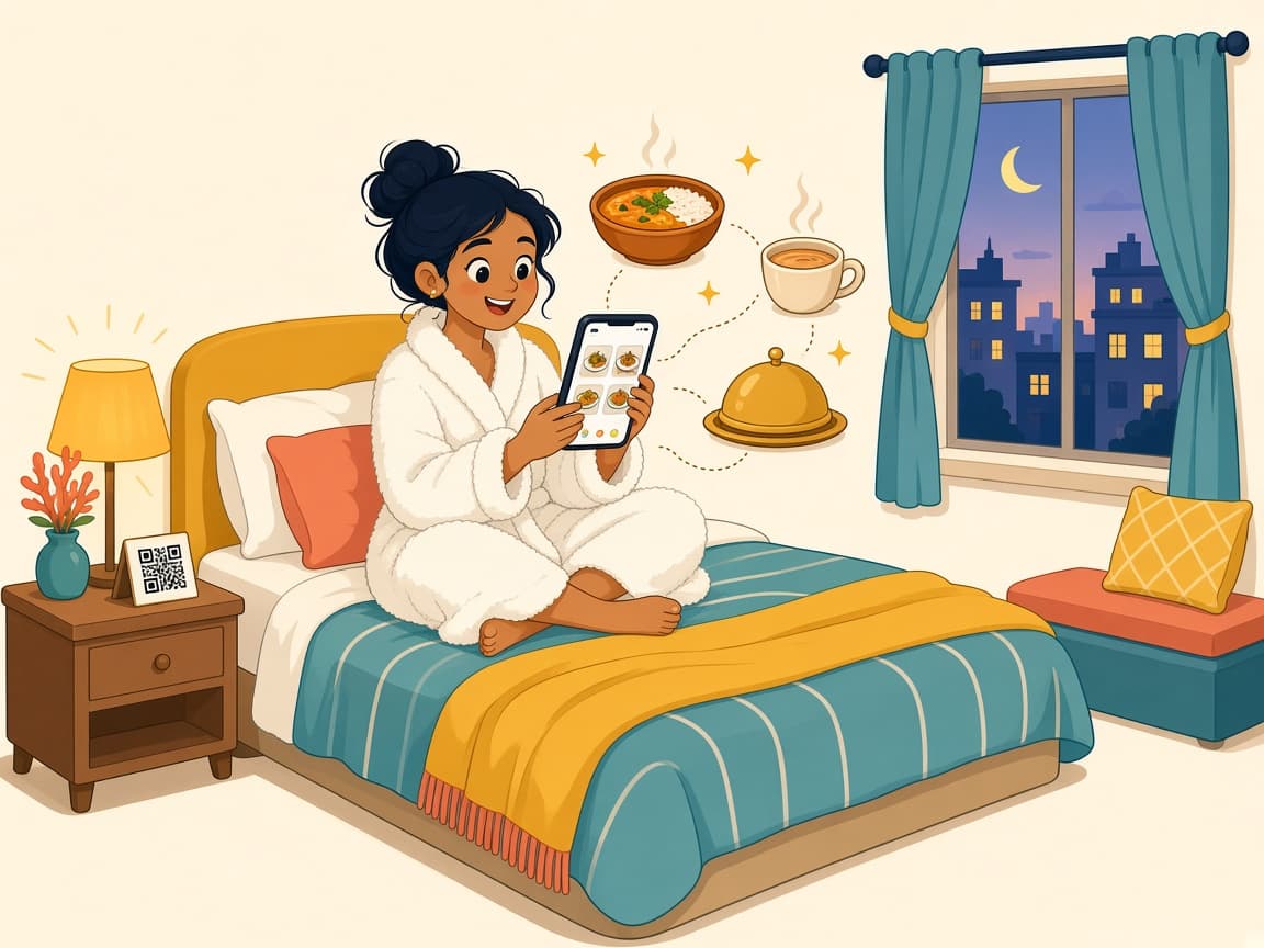 Hotel guest browsing a room-service menu on her phone after scanning a QR card