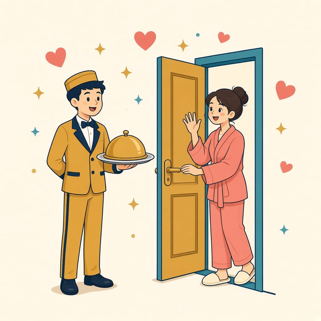 Room service waiter delivering food to a smiling guest