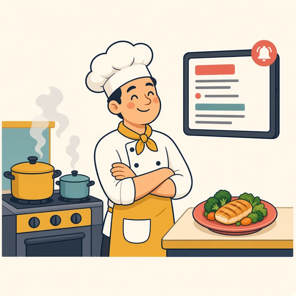 Chef receiving a new order on a kitchen screen